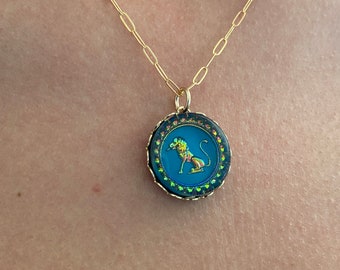 Vintage Sagittarius Necklace: Iridescent German Glass, 14K Gold Filled