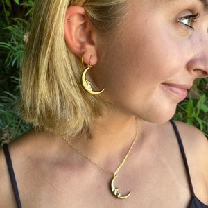 Moon earrings, vintage man in moon, brass moon face, gold filled ear wire, boho hippie jewelry, crescent moon gold earrings, cool gift