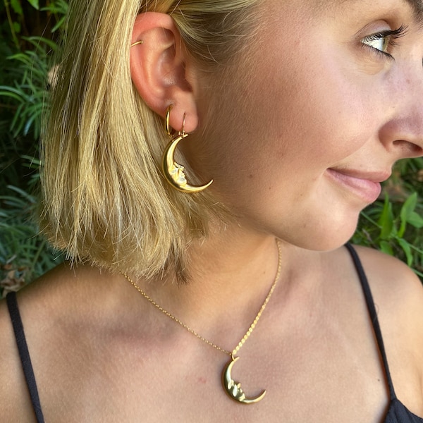 Moon earrings, vintage man in moon, brass moon face, gold filled ear wire, boho hippie jewelry, crescent moon gold earrings, cool gift