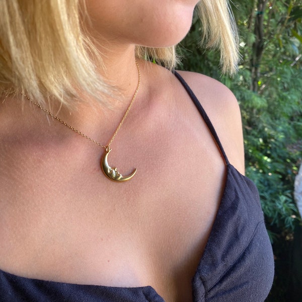 Moon necklace, vintage man in moon, brass moon face, gold filled chain, boho hippie jewelry, crescent moon gold pendant,  cool gift