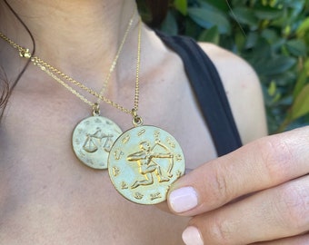 large vintage rare zodiac necklace, coin,medallion pendant, all 12 astrological signs, birthday gift zodiac, boho jewelry, horoscope, gold