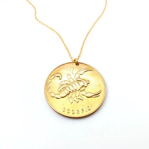 large vintage scorpio pendant, scorpio birthday gift, gold horoscope sign, November birth sign, vintage boho coin, zodiac jewelry