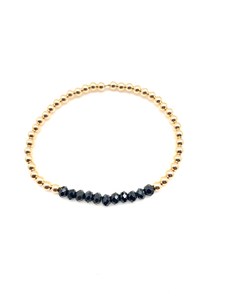 three 14 karat gold filled ball bracelet black stone bracelet stretch beads with gold and faceted spinel 4mm balls 14k gold ball trio