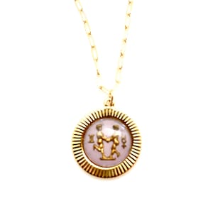 Vintage Gemini necklace, glass twins zodiac sign necklace, 14 karat gold filled paperclip chain, astrological sign pendant, star sign
