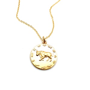 vintage taurus charm necklace  vintage brass astrological charm  coin charm taurus zodiac sign vintage horoscope jewelry birthday gift