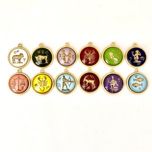 Lot of 12 vintage glass zodiac charms, astrological sign charms from 1960&#39;s, 12 horoscope sign pendants, full set of colored glass zodiacs