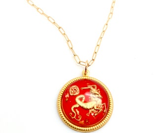 Vintage Capricorn Zodiac Pendant Necklace, 1970s German Glass Charm