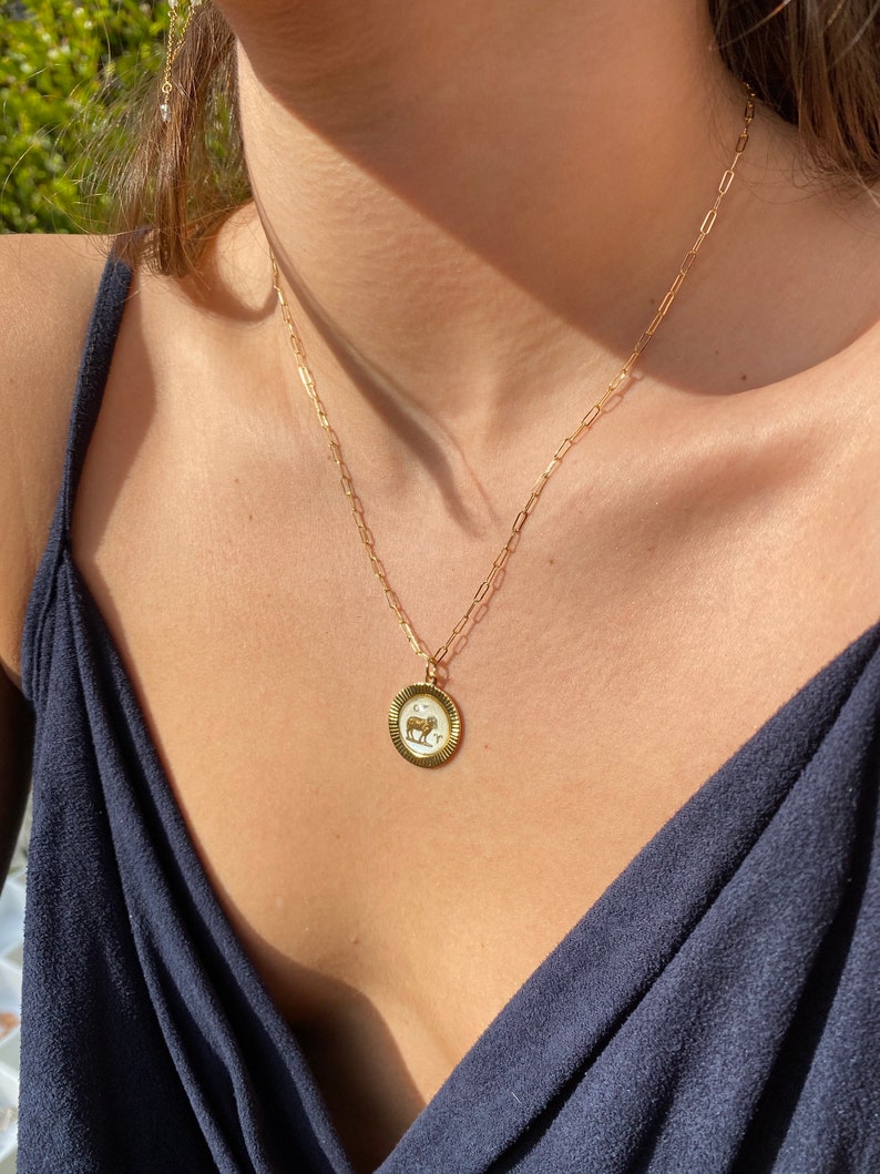 Puede incluir: Collar dorado con un colgante con un s&iacute;mbolo del zodiaco. El colgante es redondo con un fondo blanco y una ilustraci&oacute;n detallada. La cadena es delicada y cuelga del cuello de una persona, contra una parte superior azul oscuro.