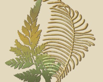 Green and gold ferns botanical wall art-stylized dimensional look-digital download