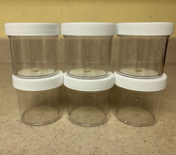 2oz, 3oz, 6oz, 8oz Clear Containers With White Screw on Lids. 