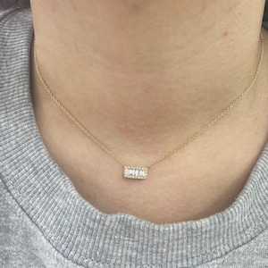 14K Yellow Gold Diamond & Baguette Bar Necklace, Bar Pendant Necklace, Bar Necklace, Minimalist Necklace, Gold Necklace, Necklace For Her
