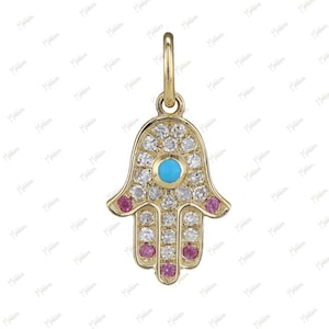 14k Solid Gold Diamond Mini Pink Sapphire and Turquoise Hamsa Charm, Hamsa charm pendant, gold charm necklace, good luck charm, Evil Eye