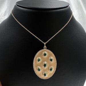 14k Yellow Gold Oval Shape Diamond & Emerald Pendant 29x39mm, emerald oval pendant, boho pendant, necklace pendant, emerald pendant