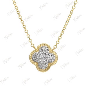 14K Yellow Gold Diamond Clover Pendant Necklace 10x10mm, 4 Leaf Clover Necklace, Minimalist Necklace, Delicate Clover Necklace for Women