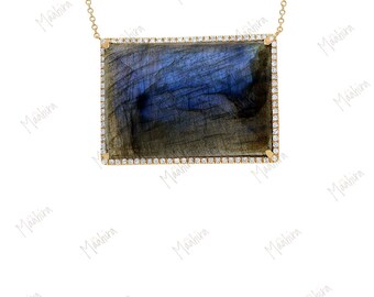 14K Yellow Gold Diamond Labradorite Pendant Necklace for women , Minimalistic Necklace, Gift For Her