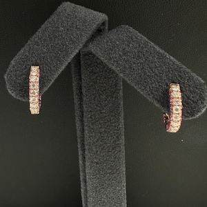 14k Rose Gold Diamond & Pink Sapphire Huggie Earrings 3.25x15mm, Huggie Hoop Earrings, Huggie Earrings Gold, Gold Diamond Earrings