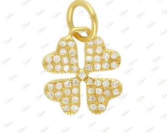 14K Yellow Gold Diamond 4 Leaf Clover Charm 9.50x10.50mm, Lucky Charm Pendant, Good Luck Jewelry Gift For Her, Fine Gold Charm