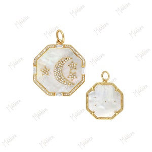 14K Yellow Gold Diamond & Mother of Pearl Moon/Star Pendant 22.65mm, pearl pendant, moon and star pendant, diamond pendant, gold pendant