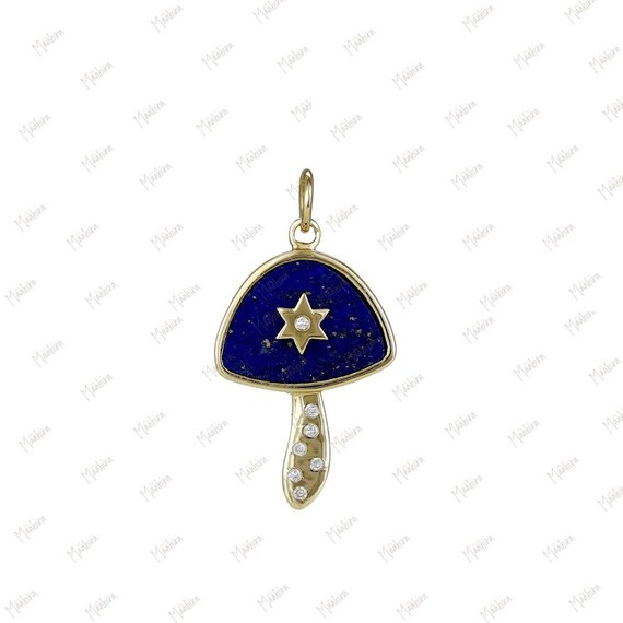 14k Gold Mushroom Pendant, Lapis Lazuli, Diamond Accent
