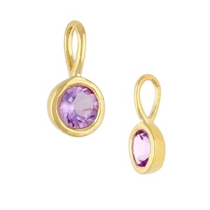 May include: Two gold pendants with a purple gemstone. The pendants have a simple loop design.