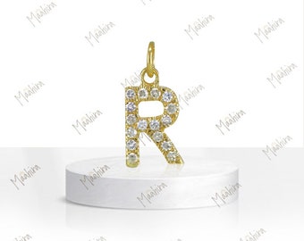 14K Gold Diamond Letter R Charm, 4.70x8.05mm