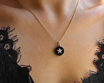 14K Yellow Gold Diamond Black Onyx Star Pendant 10mm, Celestial Necklace Charm, Night Sky Jewelry, Lucky Gift For Her