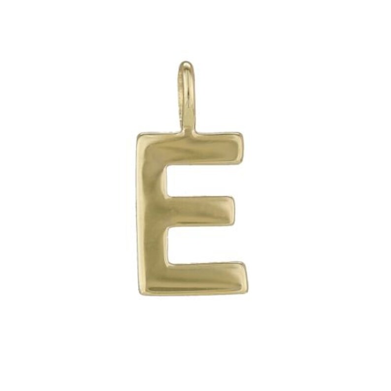 May include: A gold-toned metal pendant in the shape of the uppercase letter E. The letter features a smooth, polished surface with rounded edges and a small, integrated vertical loop at the top for attachment to a chain or cord.
