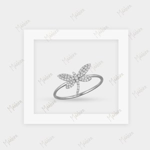 14k White Gold/Yellow Gold Dainty Diamond Dragonfly Ring in US Size 6.5, Dragonfly Diamond Ring, Dragonfly Ring Jewelry, Insect Ring