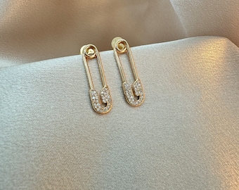 14k Gold Diamond Safety Pin Earrings, Unique Dangle Studs, Gift for Her