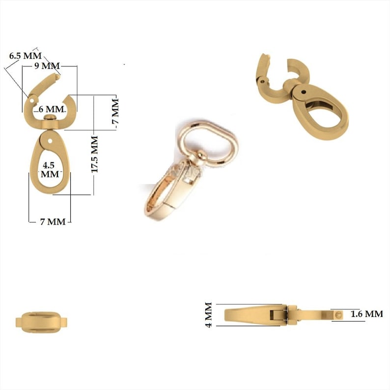 May include: Gold-colored metal swivel lobster clasp with a spring-loaded gate. Technical diagram shows dimensions: 17.5 mm total length, 7 mm width, 4.5 mm inner loop, 9 mm gate width, 6.5 mm opening, 4 mm thickness, and 1.6 mm pin diameter.