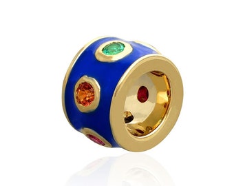 14k Yellow Gold Neon Royal Blue Enamel Multi Color Diamond Rondelle Spacer Charms 4.70x7mm, Rondelle Bead, roundel bead, pandora style bead