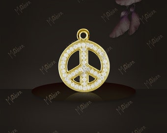 14K Yellow Gold Diamond Peace Sign Charm 11mm, Peace Sign Charm, Gold Peace Sign, Diamond Peace Charm, 14K Gold Charm, Gift for Her