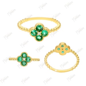 14K Yellow Gold Diamond & Emerald Clover Flower Ring in US Size 5/6/7, Emerald ring, Minimalist Gemstone Ring, Gold Dainty Ring, Gold Ring