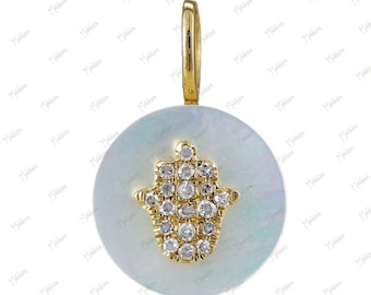 14K Yellow Gold Diamond Hamsa Pendant Mother of Pearl 10mm, Lucky Protection Necklace, Spiritual Gift For Her, Evil Eye Jewelry Charm