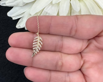 14K Yellow Gold Diamond Leaf Pendant Necklace , Luxury Fine Jewelry , Gift For Her , dainty Necklace