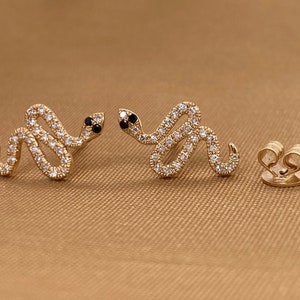 14K Yellow Gold Diamond Snake Stud Earrings, Serpent Earrings, Gold Snake Earrings, Snake Earrings, Diamond Snake Studs, Stud Earrings