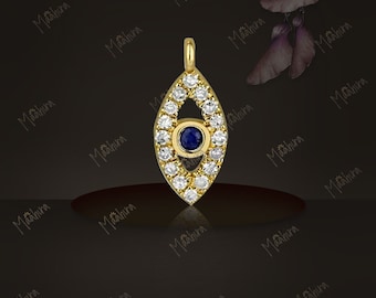 14k Yellow Gold Diamond Blue Sapphire Eye Charm 11.25x4.3mm, evil eye charm, eye charm pendant, necklace charm, bracelet charm, gold charms