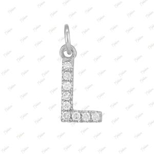 May include: A silver charm in the shape of the letter L, with small clear stones set into the metal.
