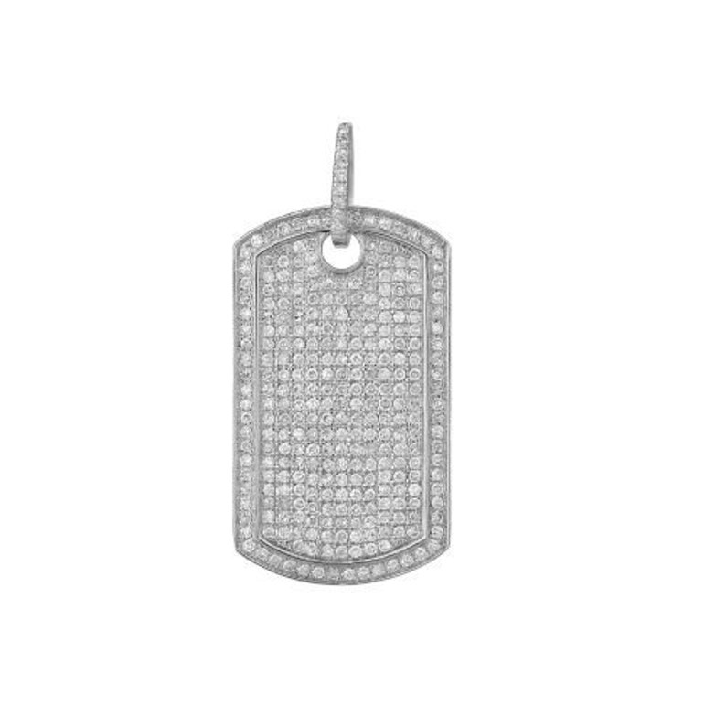 May include: A silver dog tag pendant with a pave setting of clear round diamonds.