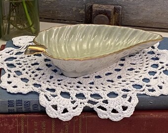 Green and Gold Fine China Leaf Trinket Dish | Vintage Leaf Shaped Trinket Decor