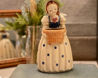 Vintage Made in Japan Lady Planter with Basket and Blue Polka Dot Dress