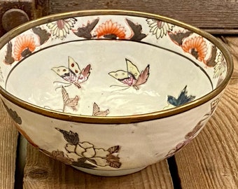 Vintage Cloisonne Butterfly and Floral Bowl | Enamel Decorated Bowl in Brass and Enamel