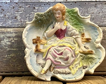 Vintage Three Dimensional Ceramic Wall Plaque | Vintage Hand Painted Victorian Figurine Wall Decor