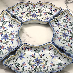 Vintage Hand-Painted Majolica 5-Piece Sectioned Serving Dish Set | Italian Faience Floral Relish Tray
