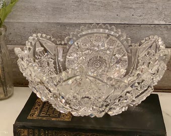 Antike geschliffene Glas Schüssel: AEP Hobstar Starburst, Sägezahnrand Herzstück (22,5 cm)