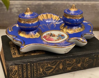 Vintage\Antique Porcelain Double Inkwell | French Imperial Pointe a la Main | Porcelain Double Inkwell Cobalt Blue and Gold