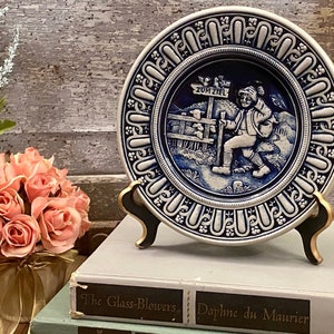 Gerzit Blue Salt Glazed Stoneware Decorative Plate | Boy Hiking with &quot;Zum Ziel&quot; Sign and Animals | Vintage Blue and Gray Decor