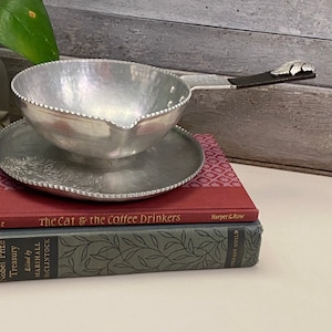 Vintage Aluminum Gravy Boat with Attached Plate | Continental Hand Wrought Silverlook | Floral Etched Gravy Boat
