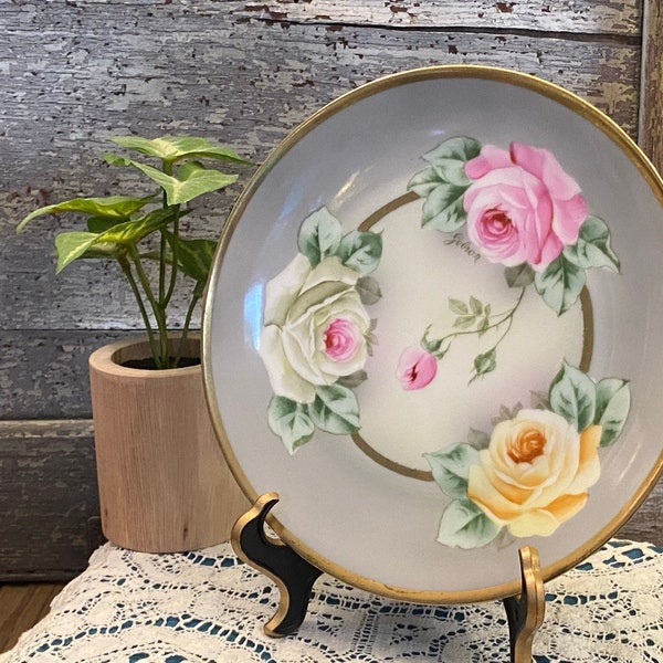 Royal Munich Three Rose Dessert Plate | Antique Z.S. & Co Signed Hand Painted Plate| White, Yellow and Pink Rose Plate