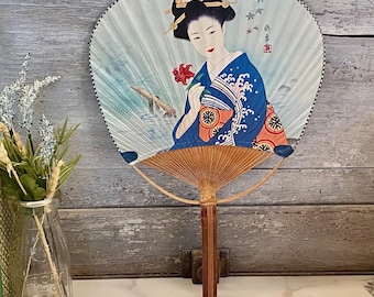 Vintage Japanischer Uchiwa Fächer: Geisha Kimono Bambus Wanddekor AKCO Japan